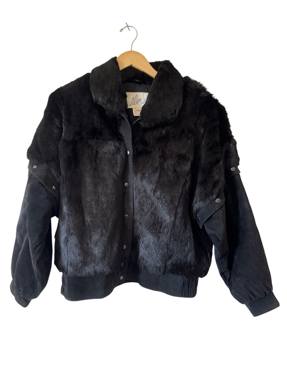 Vintage‎ Black Rabbit Fur Coat Suede Vest 80s Oversized Jacket Elan Large
